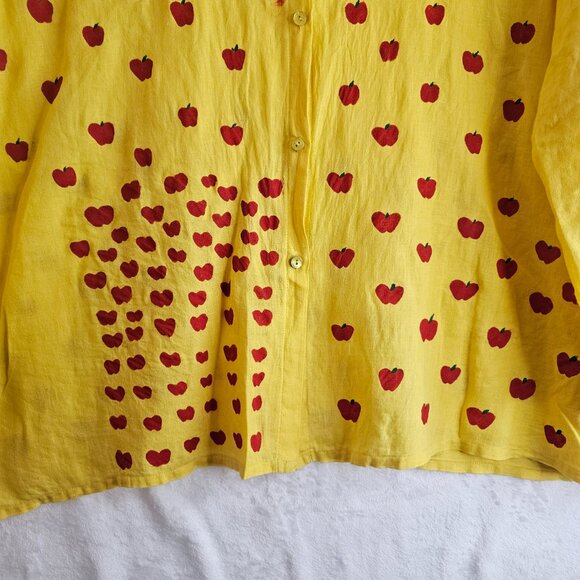 Eileen Fisher Yellow Button Up Top 100% Irish Linen Hand Painted Red Apples XL - Picture 9 of 16